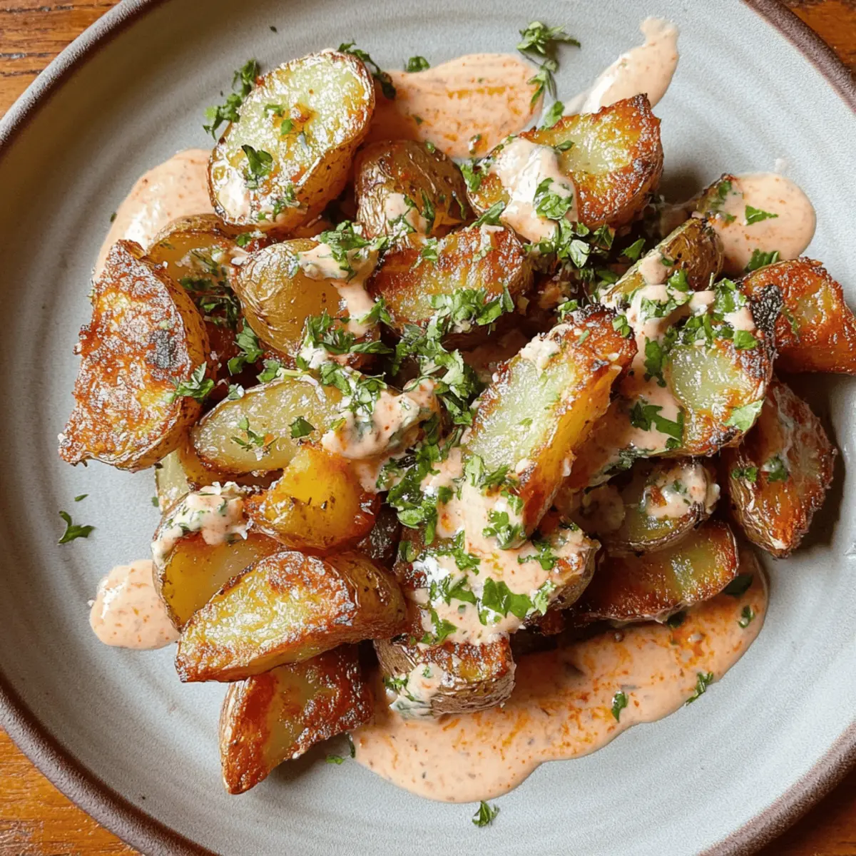 Pecorino Garlic Potatoes over Harissa Mayo