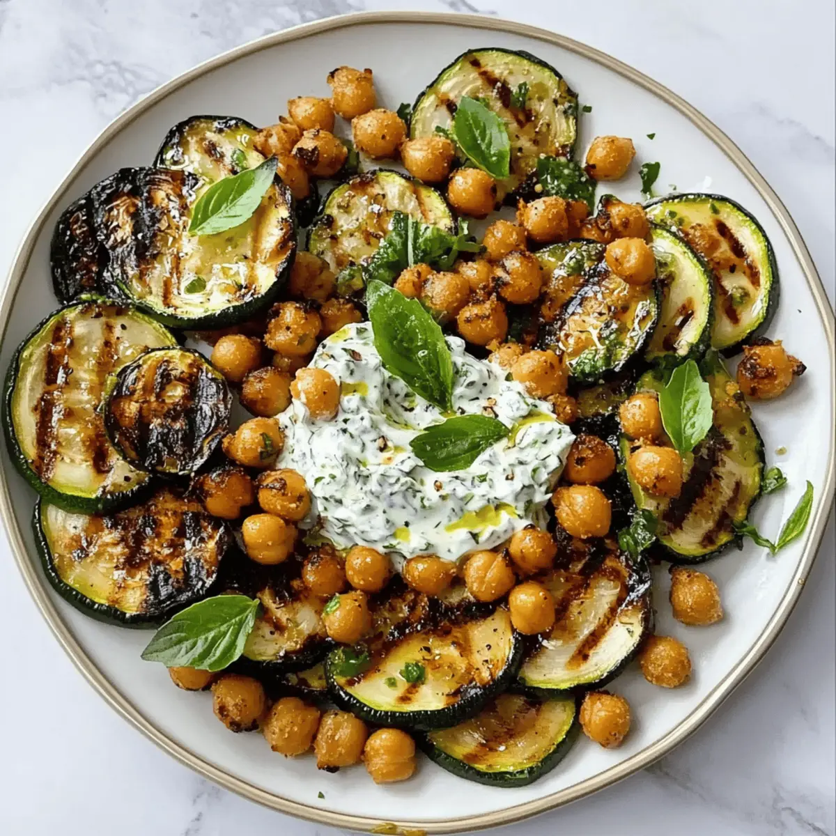 Lemony Grilled Zucchini & Crispy Chickpeas Over Tzatziki