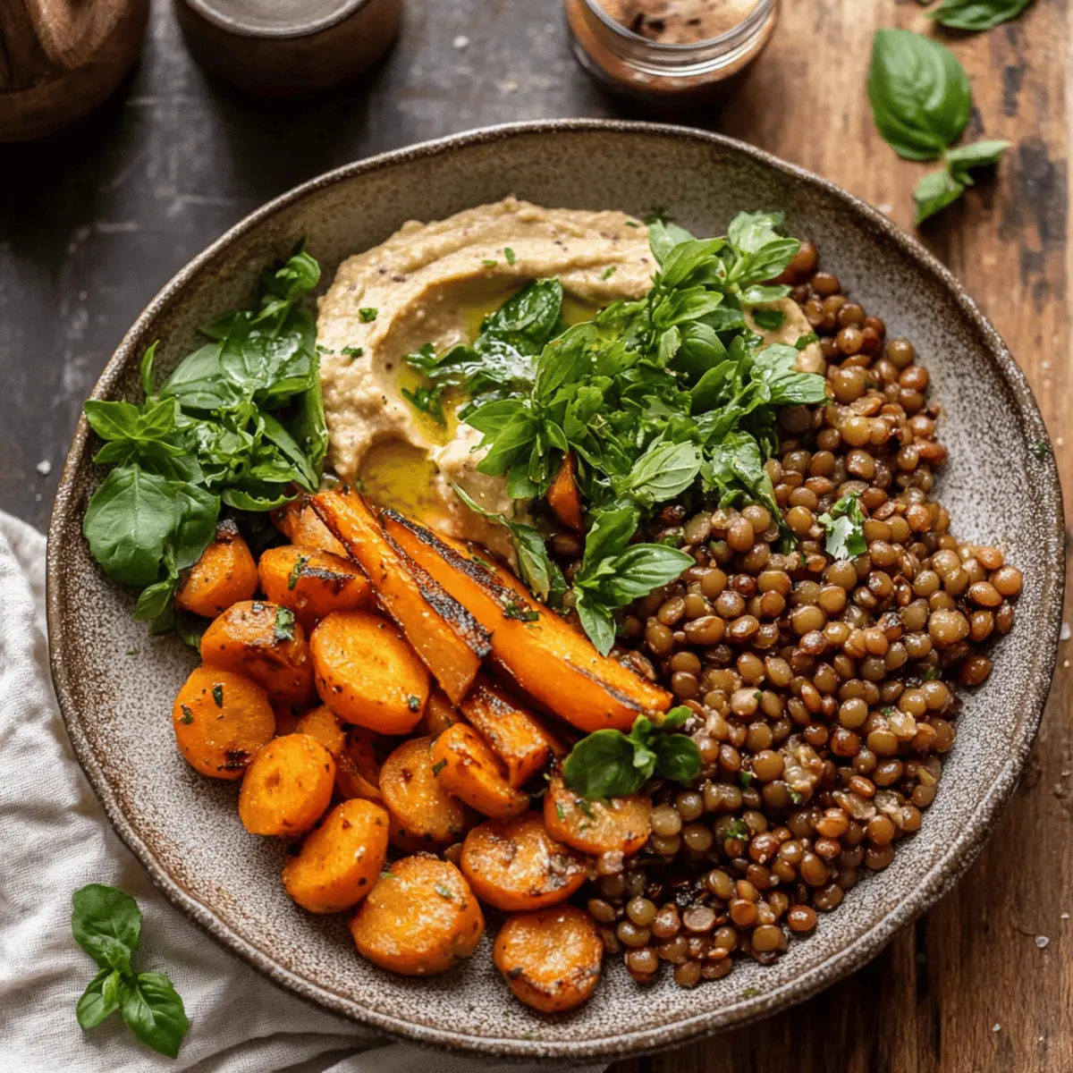 Roasted Carrots and Lentil Salad with Hummus