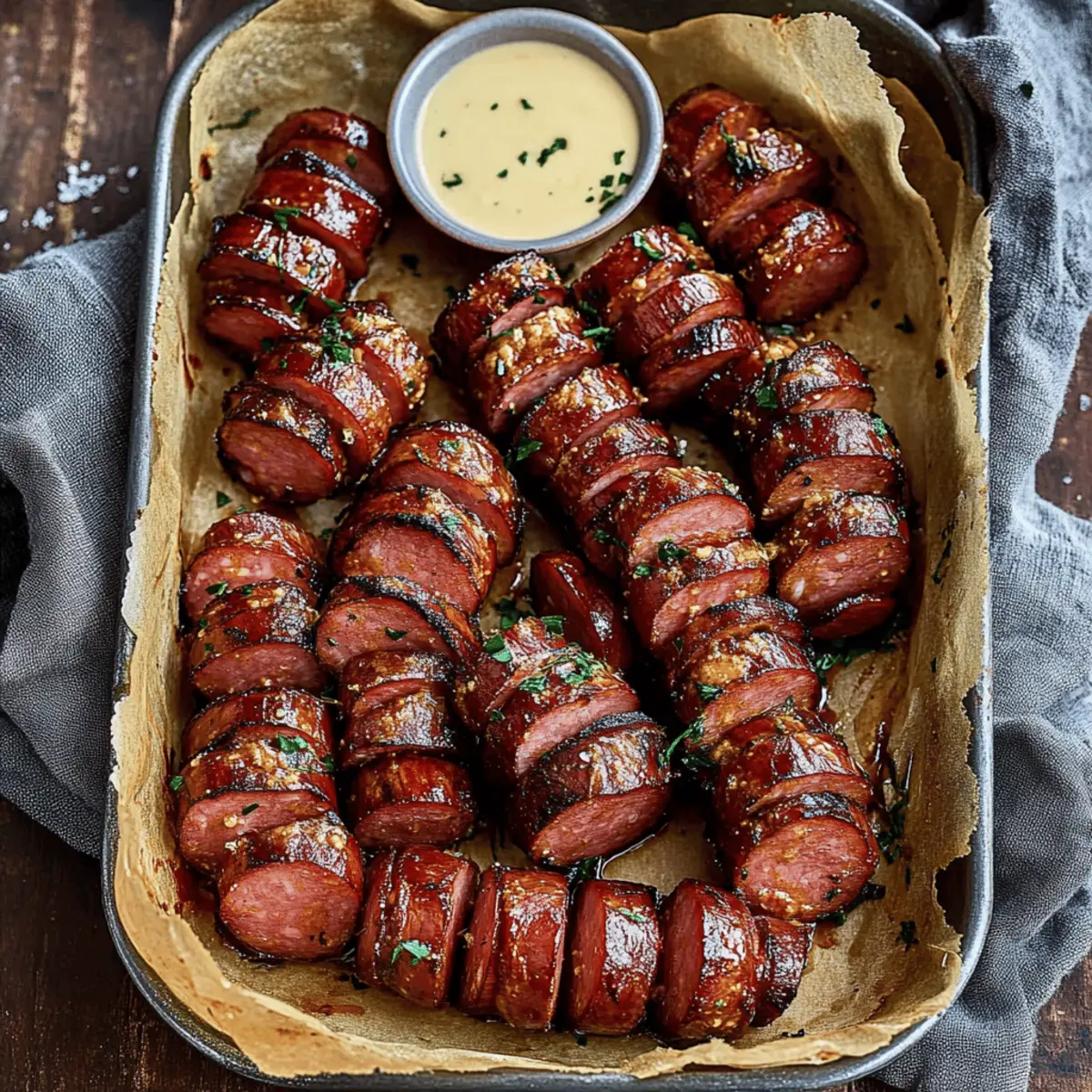 Mustard Hasselback Kielbasa Bites