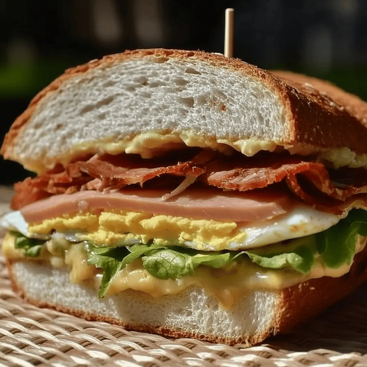 A Classic Dagwood Sandwich with Fried Egg and Cheese