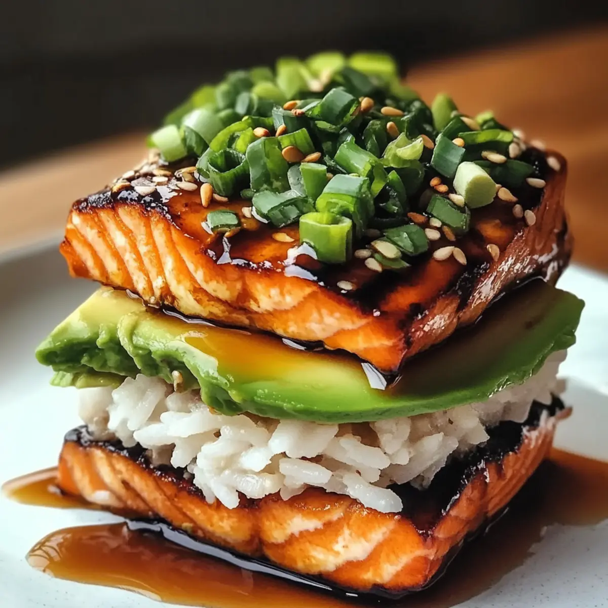 Teriyaki Salmon Avocado Rice Stack