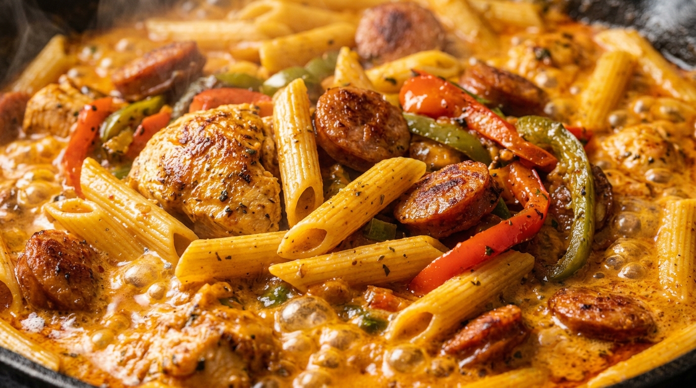 One-Pot Creamy Cajun Chicken & Beef Sausage Pasta