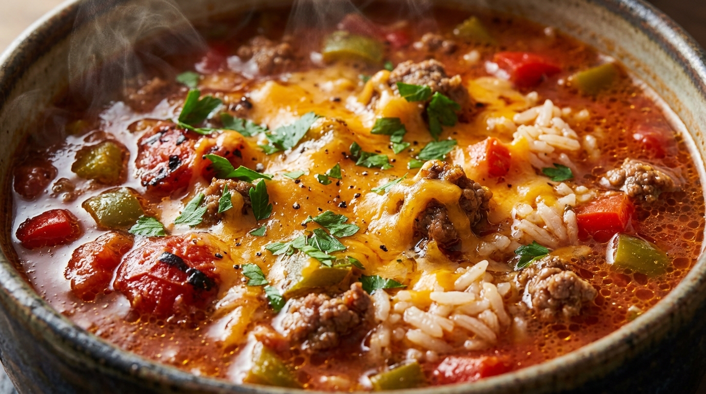 Slow-Cooker Stuffed Bell Pepper Soup with Ground Beef and Rice