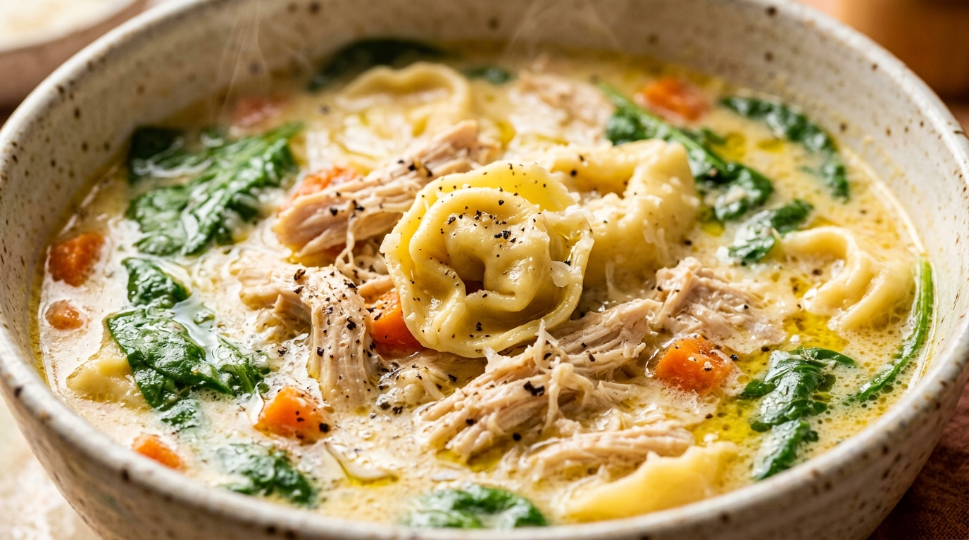 Ultra close-up macro of creamy chicken tortellini soup with tender chicken and melted parmesan
